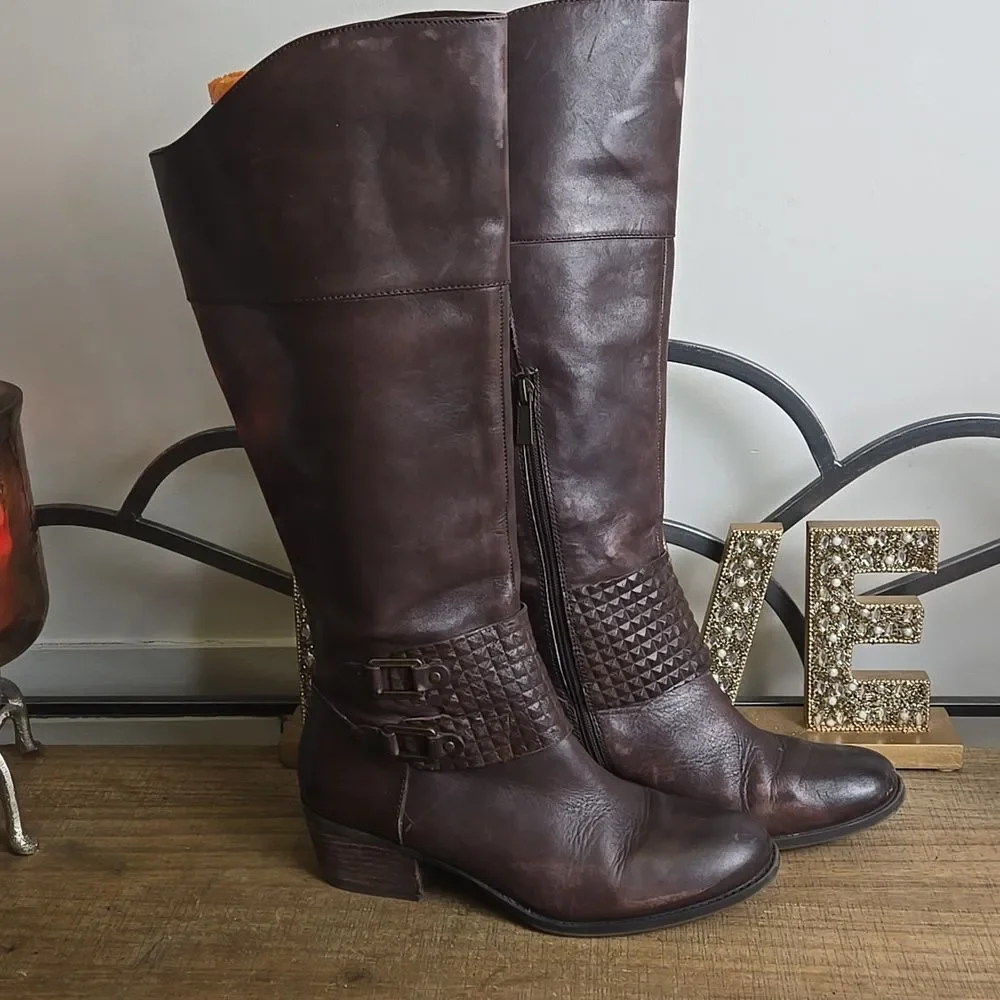 Vince Camuto Brown Knee High Studded Two Buckle Riding Boots Women's Sz 8 Boho